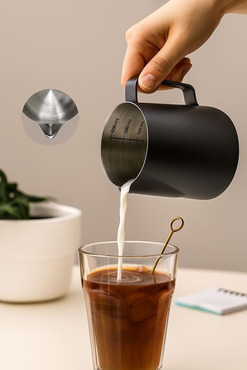304 Çelik 600 ml Siyah Teflon Kaplama Kahve Süt Köpürtme Potu Sütlük Pitcher 