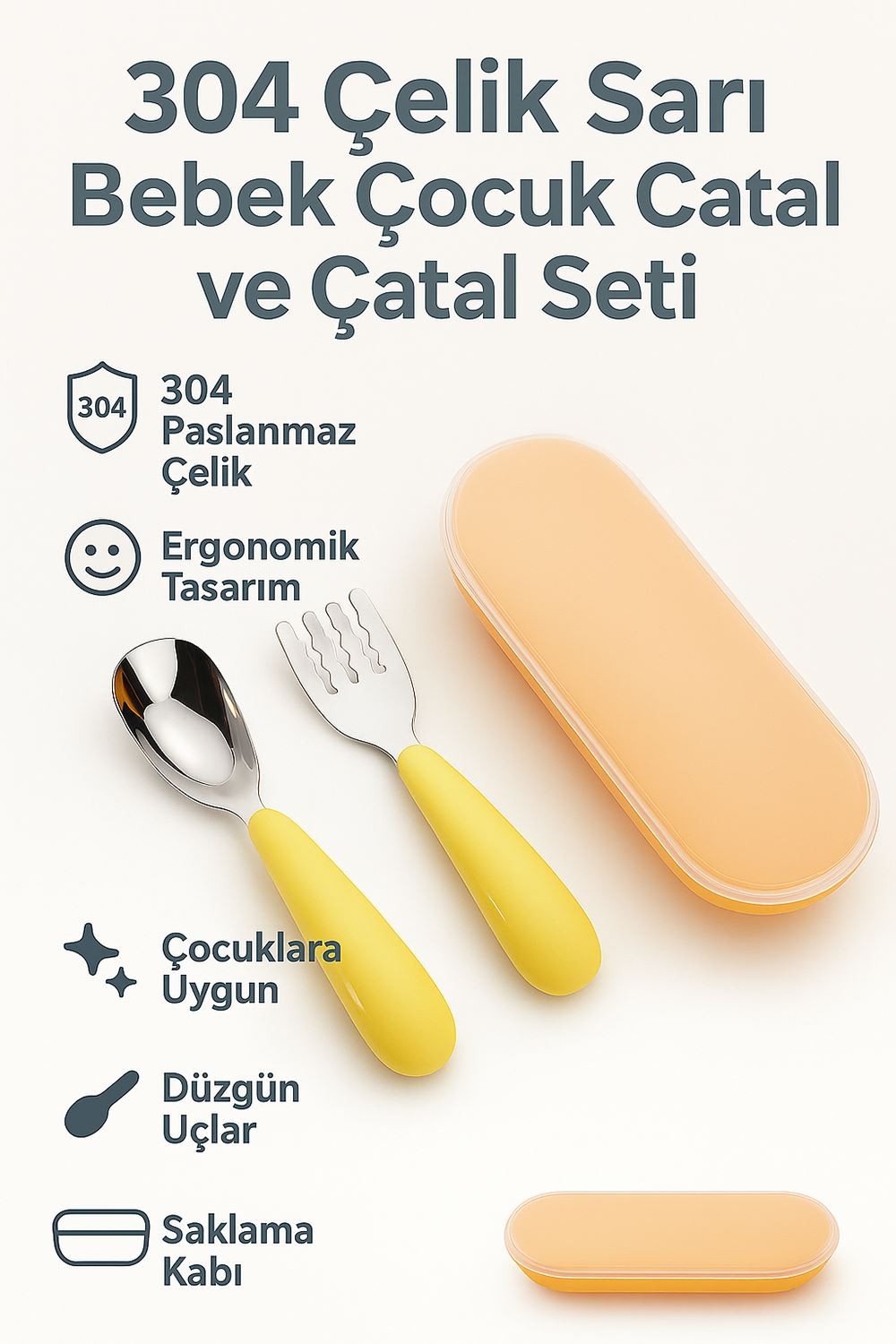 Paslanmaz Çelik Sarı Bebek Çocuk Kaşık ve Çatal Set cin770sr