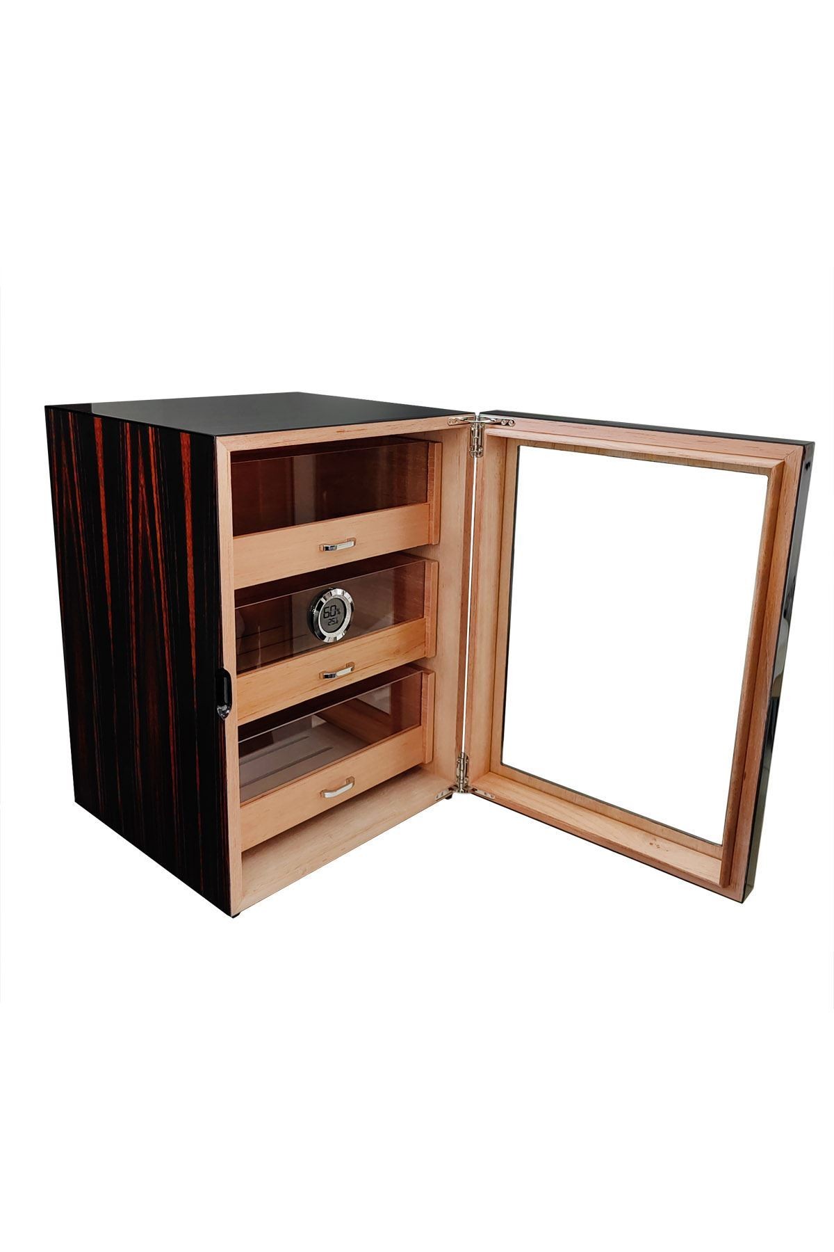 Falconetti Çekmeceli 3 Katlı Kahverengi Önü Camlı Sedir Humidor Puro Kutusu rc77