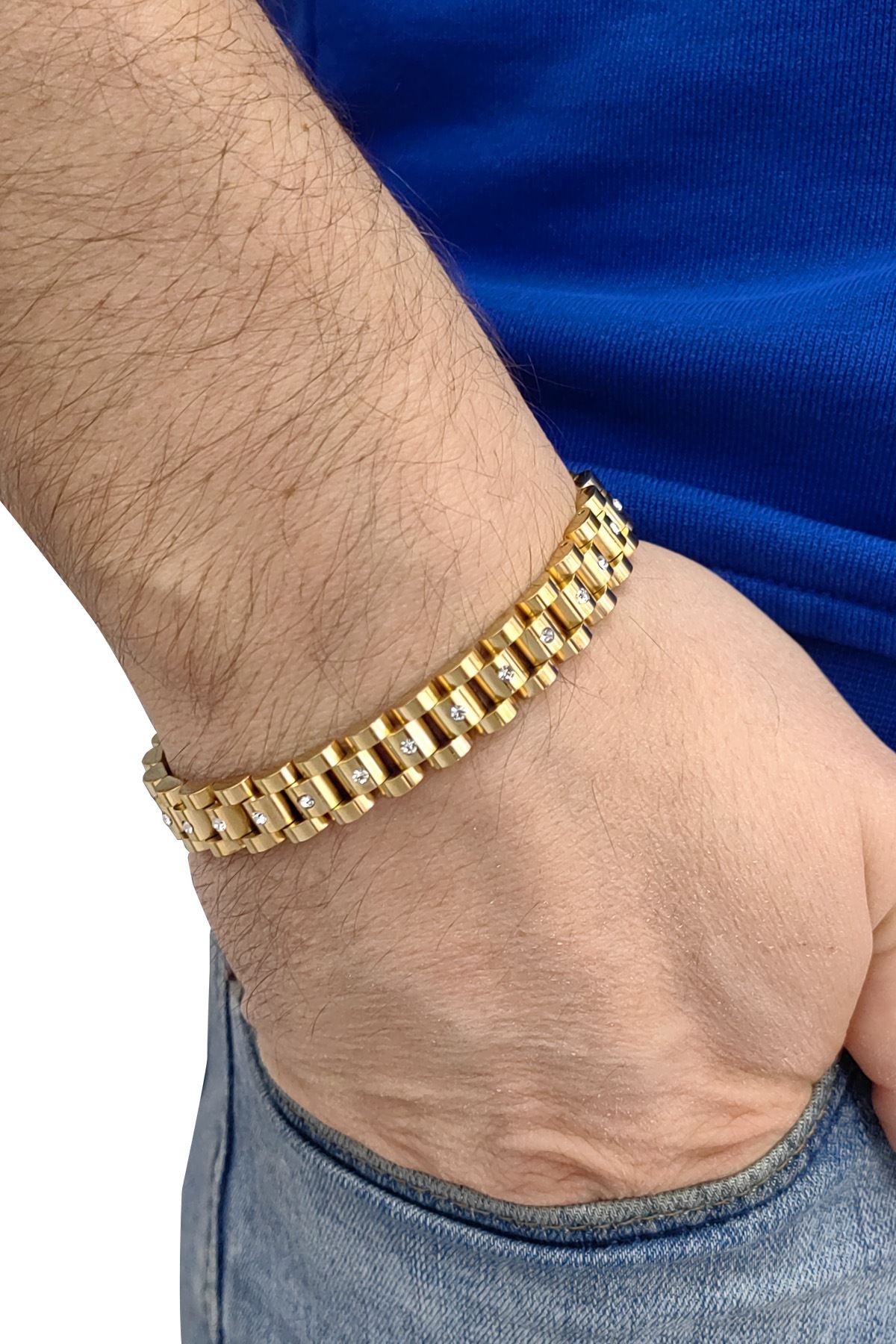 Chavin Çelik 10 mm Gold Parlak Taşlı  Erkek Bileklik ev58sr