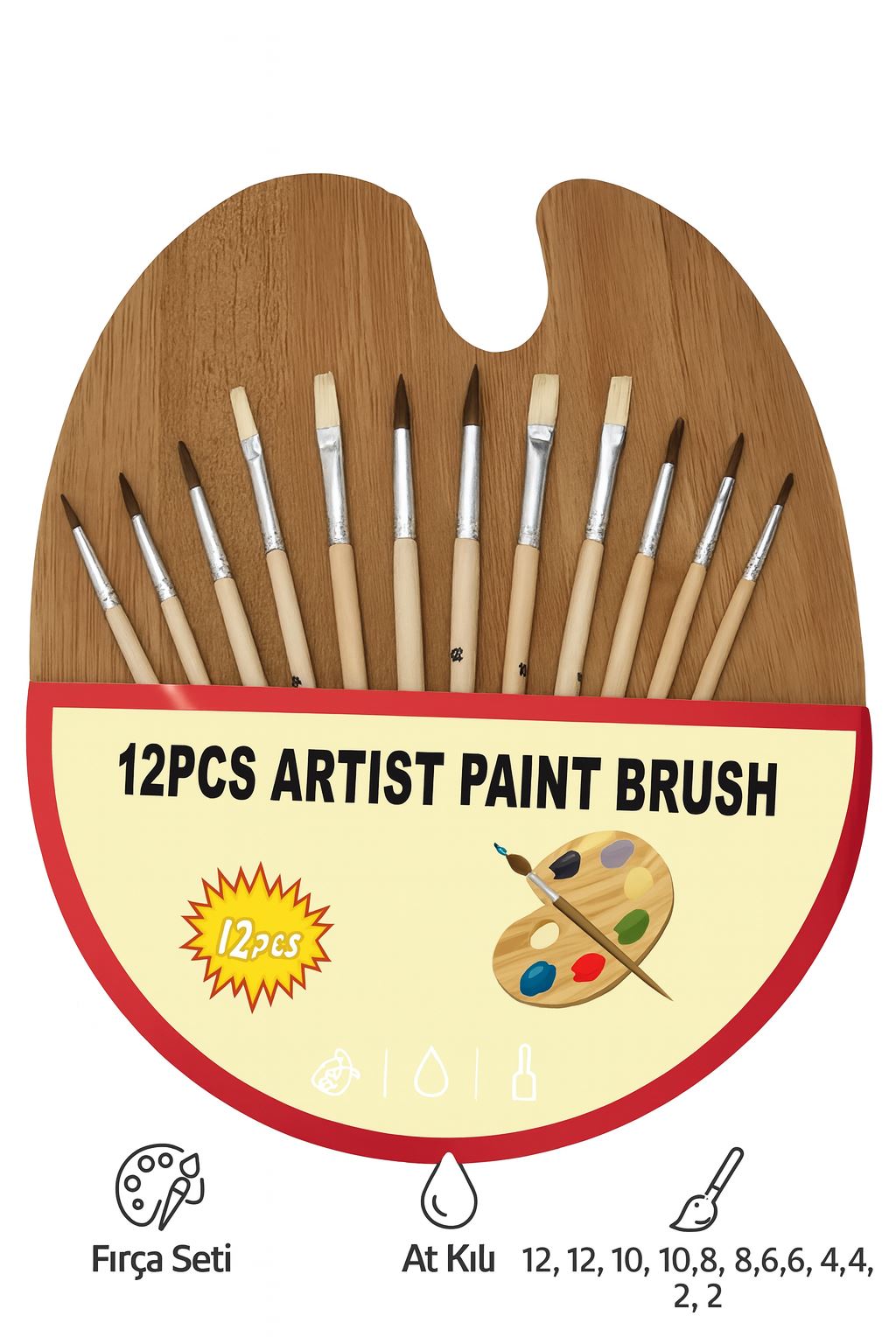 12 Adet At Kılı Yağlı Akrilik ve Suluboya Fırçası Takımı Boya Paleti Seti cin550