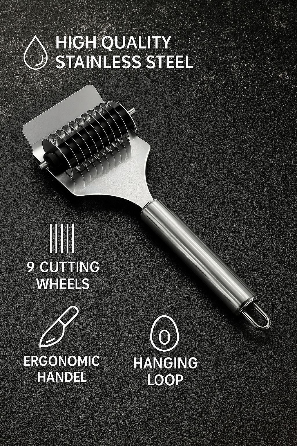 Çelik De Folu Manuel 9 Tekerlekli Erişte ve Makarna Hamur Kesme Ruleti cin786-d