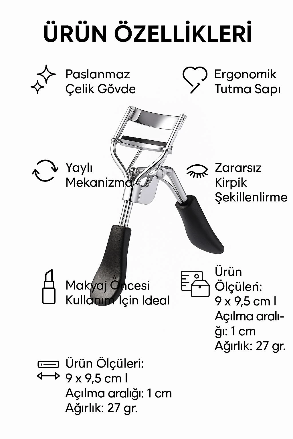Paslanmaz Çelik Siyah Yaylı Ergonomik Kirpik Kıvırıcı cin652
