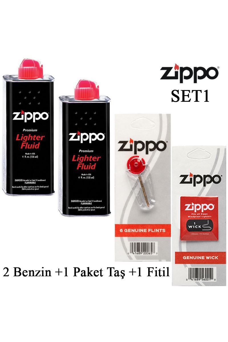 Zippo Çakmak ikmal Seti 2 Bidon Benzin Fitil Taş Set1