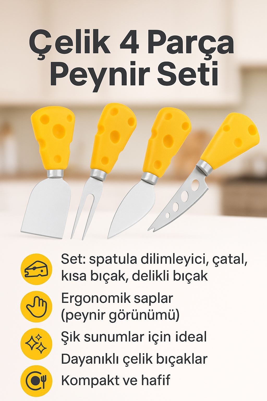 Paslanmaz Çelik 4 Parça Kahvaltı Peynir Bıçağı Dilimleyici Çatal Seti cin622