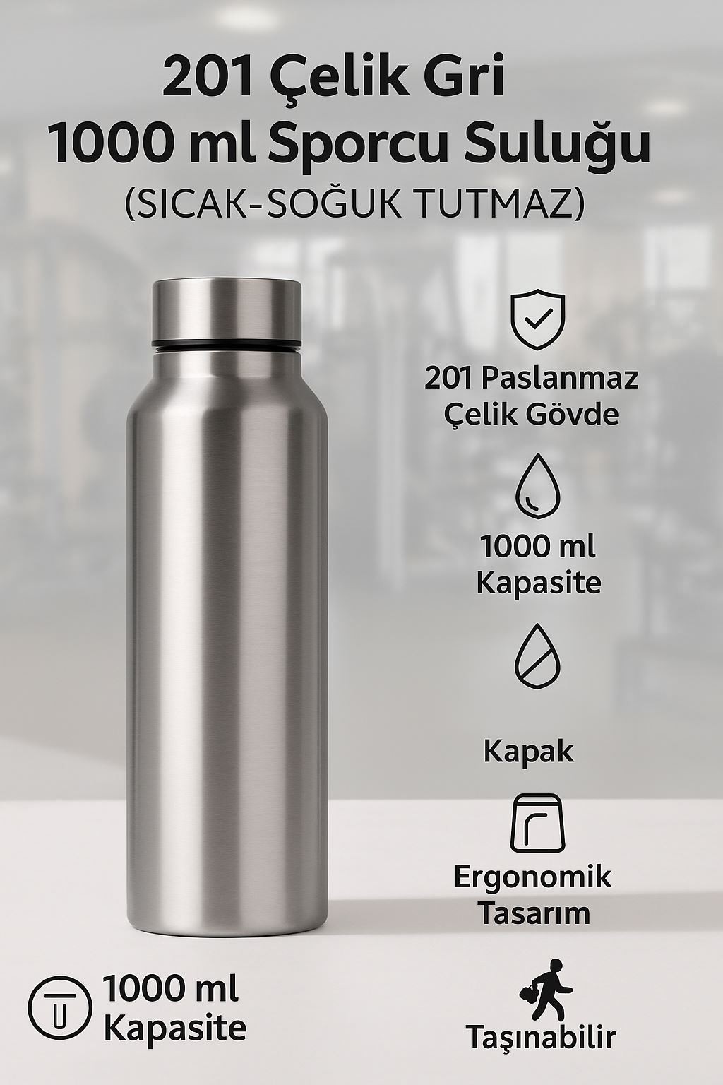 Çelik Gri 1000 ml Spor Matara Suluk cin907