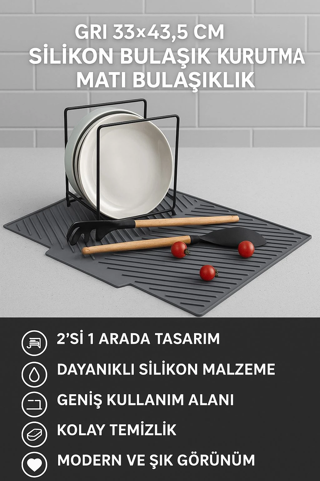 Gri 33x43,5 cm Silikon Bulaşık Kurutma Matı Bulaşıklık cin961