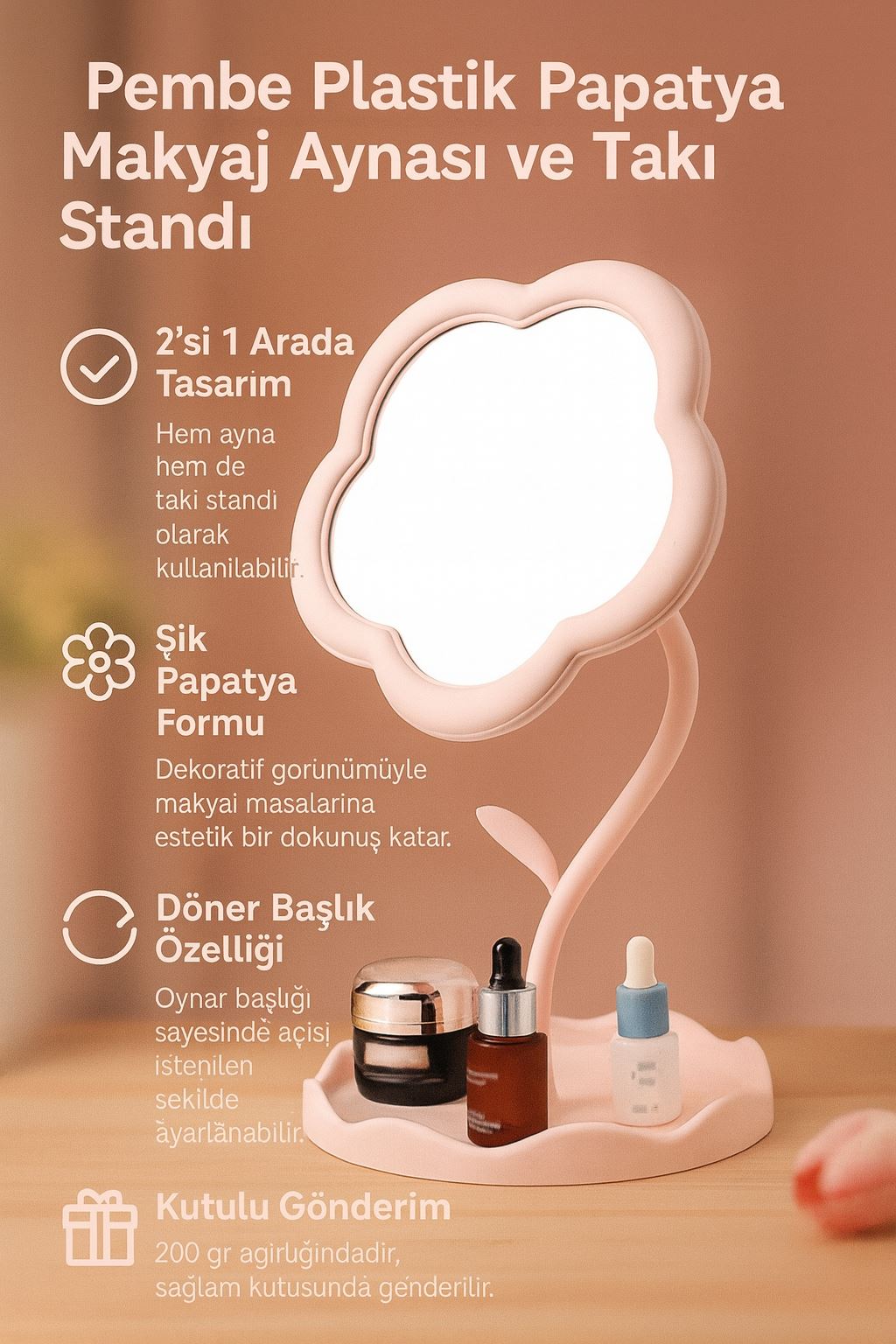Masa üstü Pembe Ay Çiçeği Tasarım Plastik Takı Stand Masa Aynası cin889pm