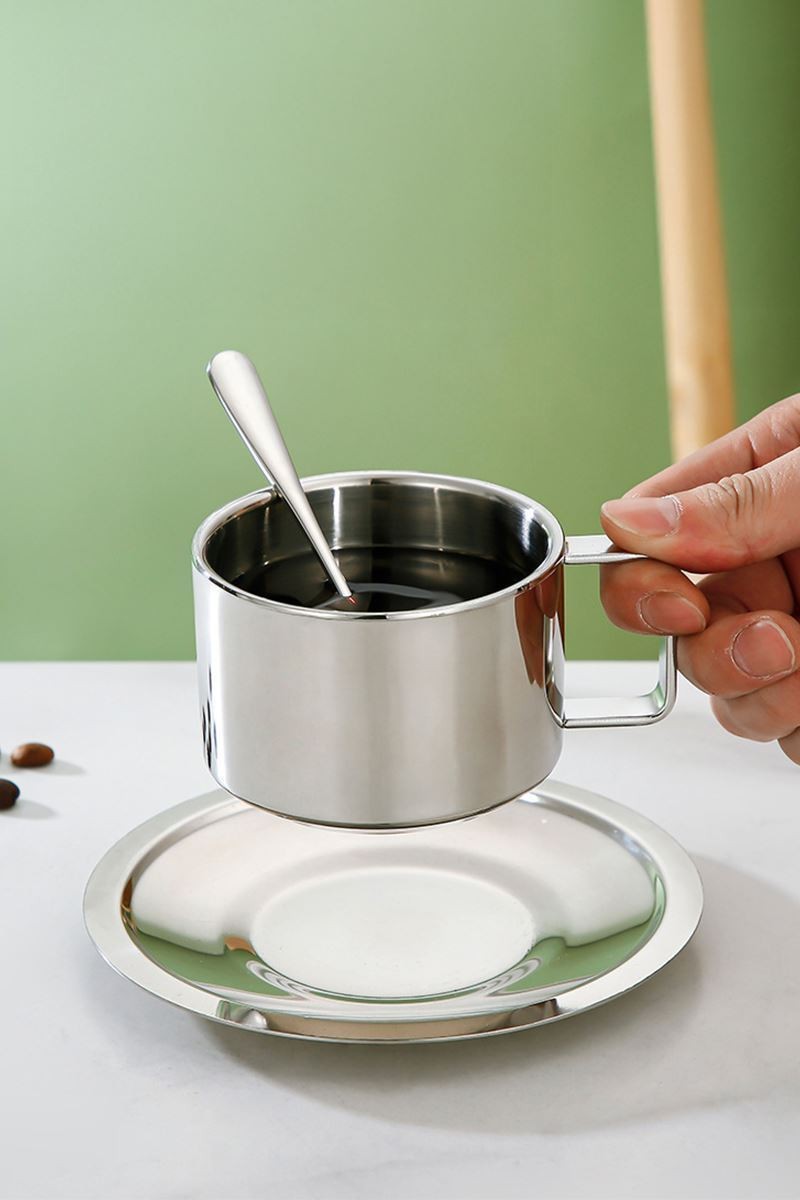 Çelik 2 Adet 3 Parça 200 ml Çift Cidar Espresso Kahve Fincan Seti Sunum Bardağı 