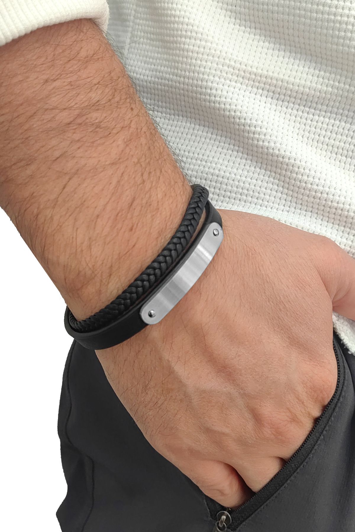 Chavin Siyah Deri Sarmal Gri Çelik Erkek Bileklik ec70by