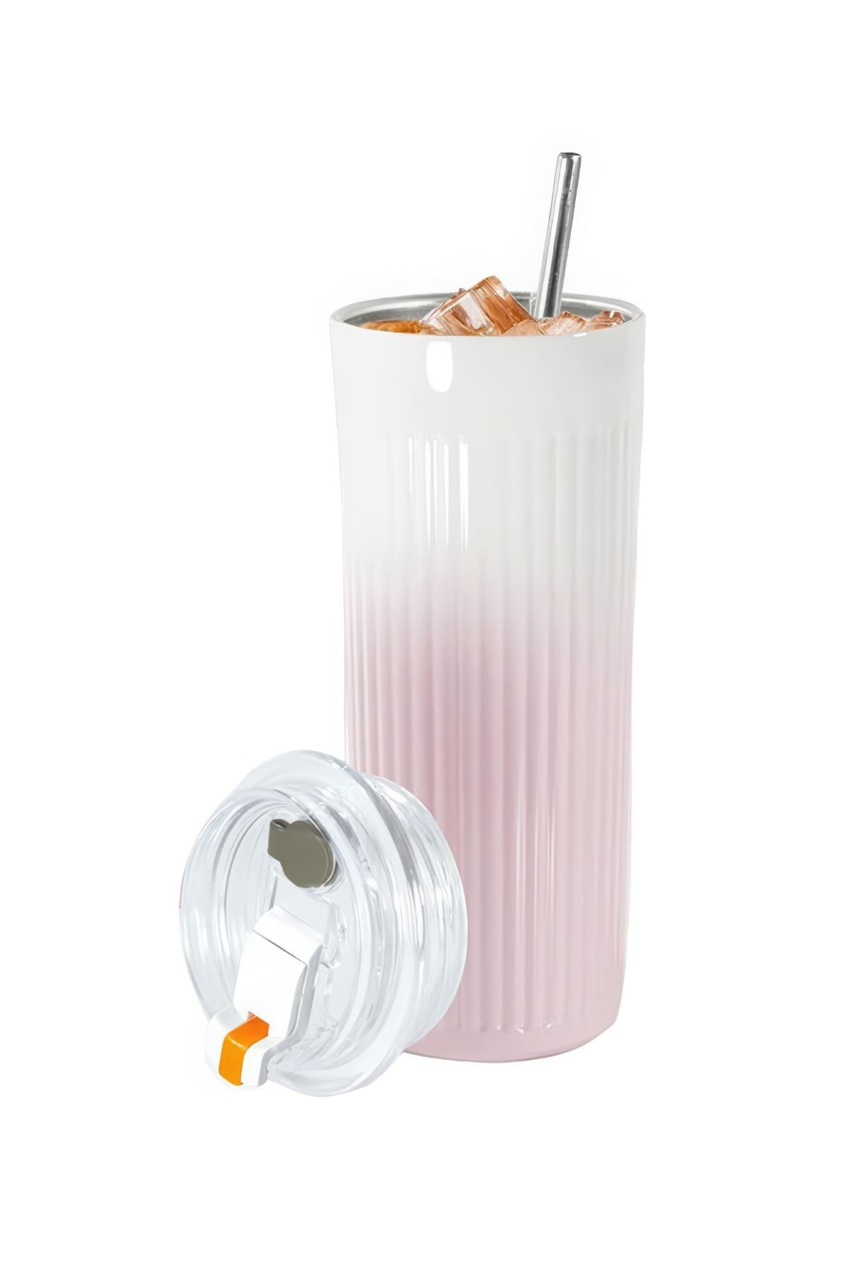 304 L Çelik 500 ml. Pembe Beyaz Degrade Pipetli El Termos Mug cin913pm