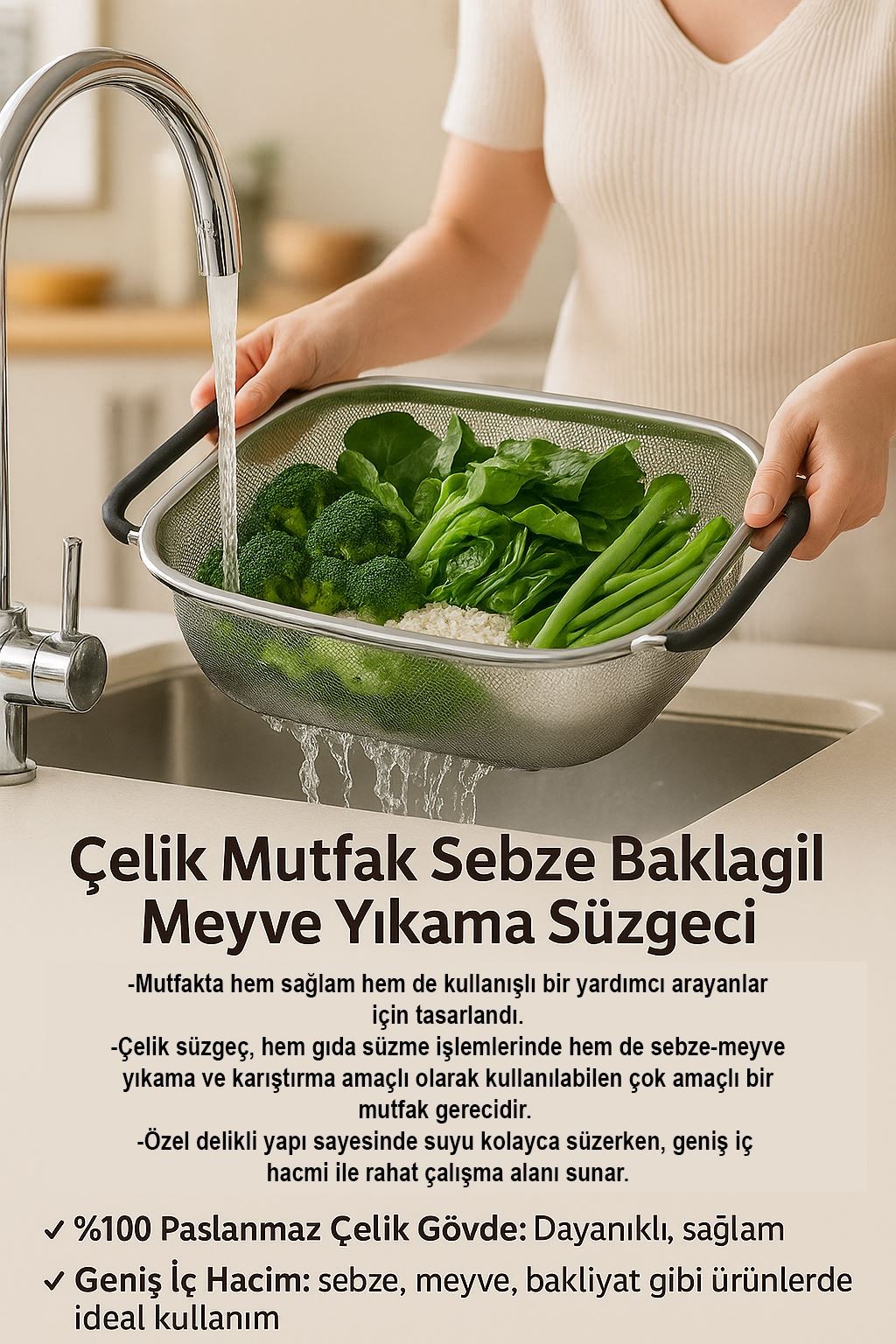 Çelik Mutfak Sebze Bakla Pirinç Meyve Yıkama Süzgeci mt114