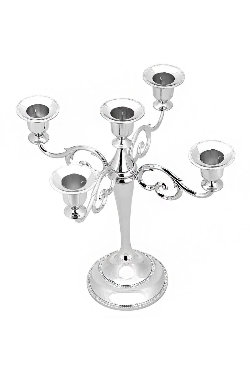 5 Gözlü Şık Restoran Düğün Şamdan Dekoratif metal Silver Mumluk mt156slv