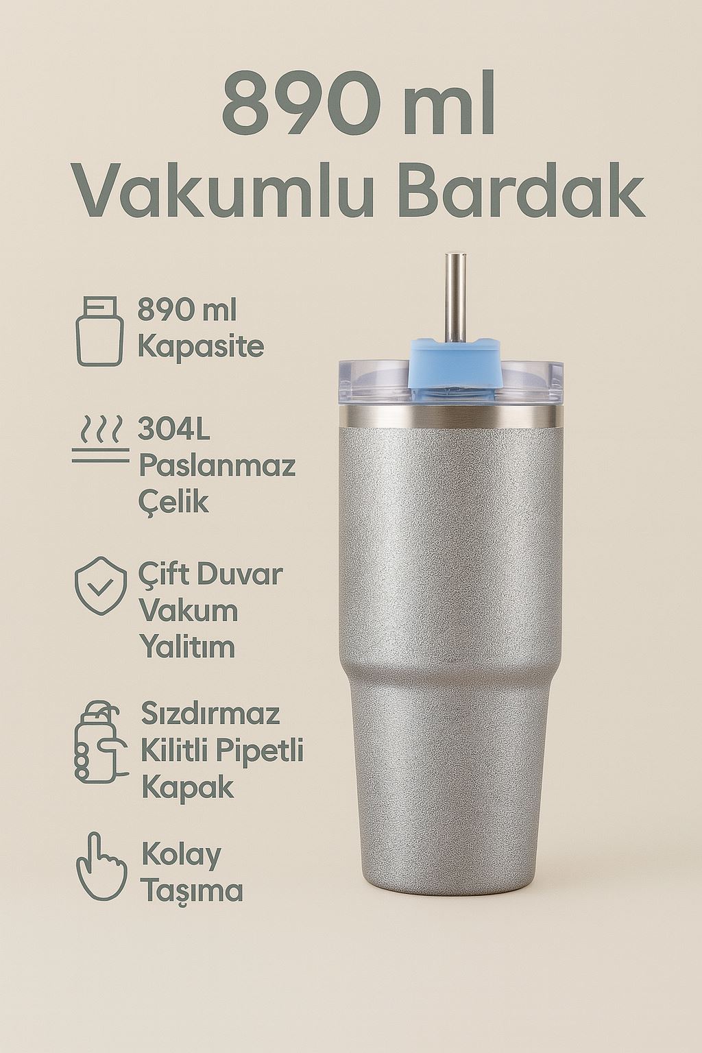 304 L Çelik Mavi Işıltılı 890 ml Pipetli Soğuk Sıcak El Termos cin940mv