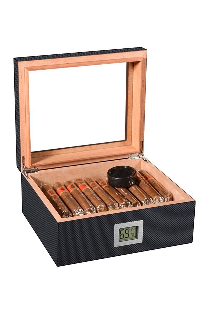 Cigarol Karbon Fiber Camlı Dijital Humidor Puro Kutusu rd06