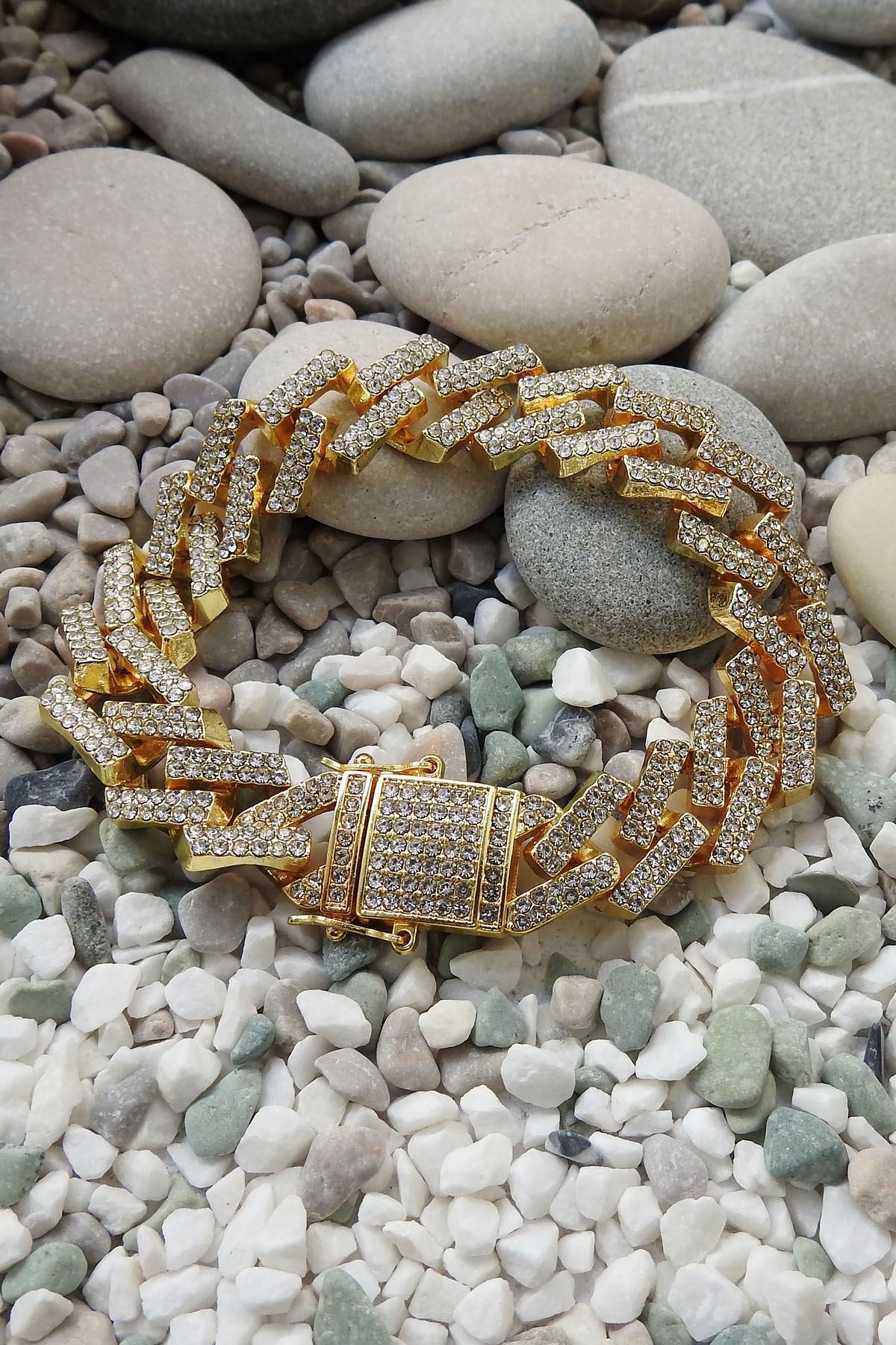 Chavin 15 mm. Gold Kalın Taşlı Alloy Erkek Bileklik ek19sr