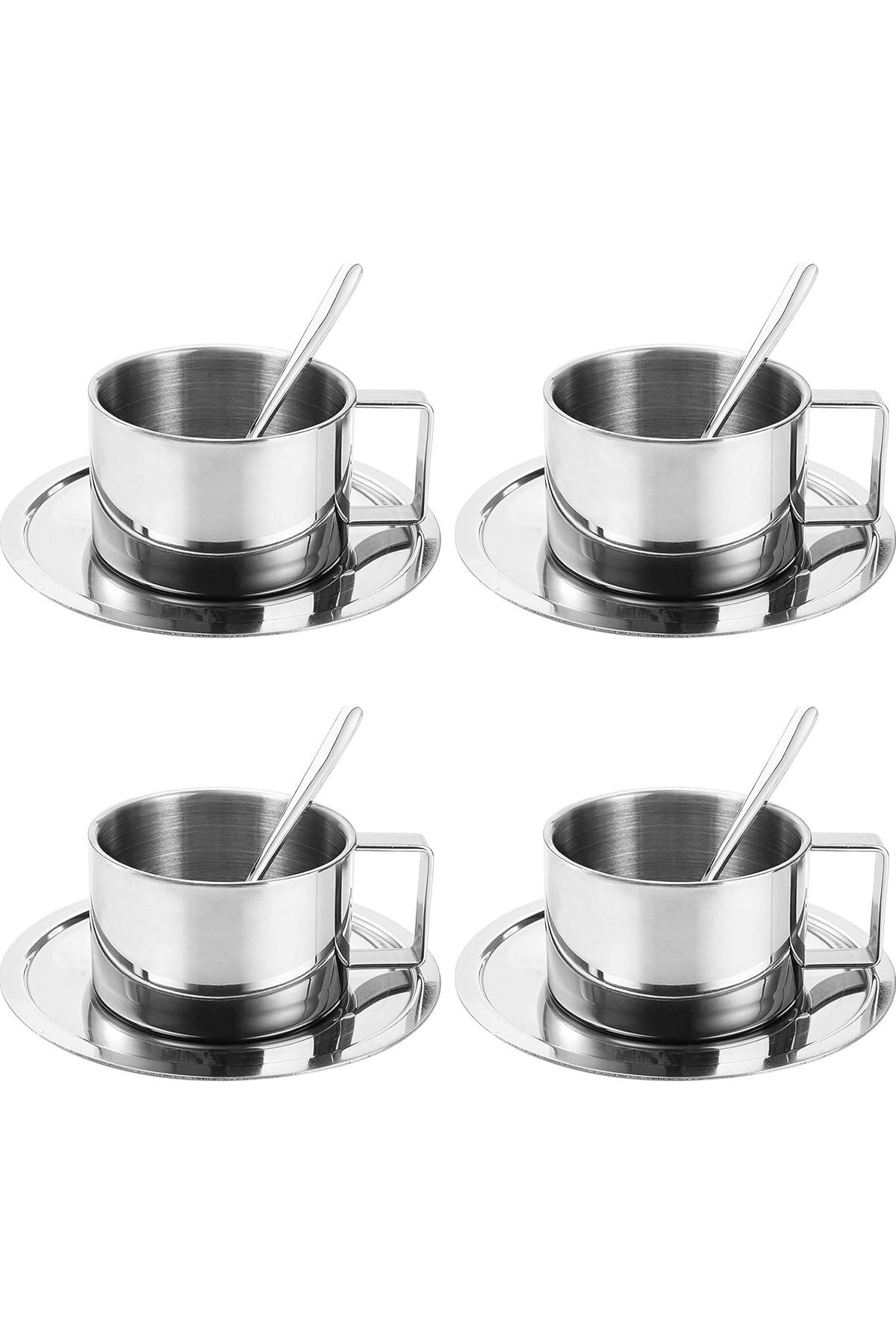 Çelik 4 Adet 3 Parça 200 ml Çift Cidar Espresso Kahve Fincan Seti Sunum Bardağı 
