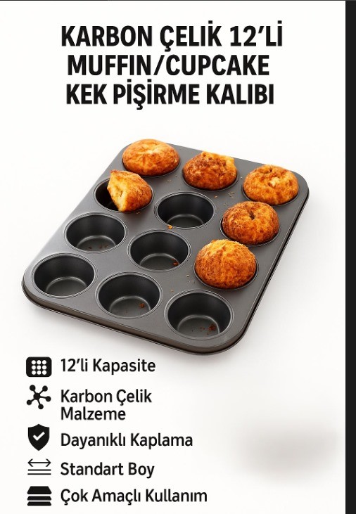 Karbon Çelik 12 li Muffin Cupcake Kek Pişirme Kalıbı cin800sy