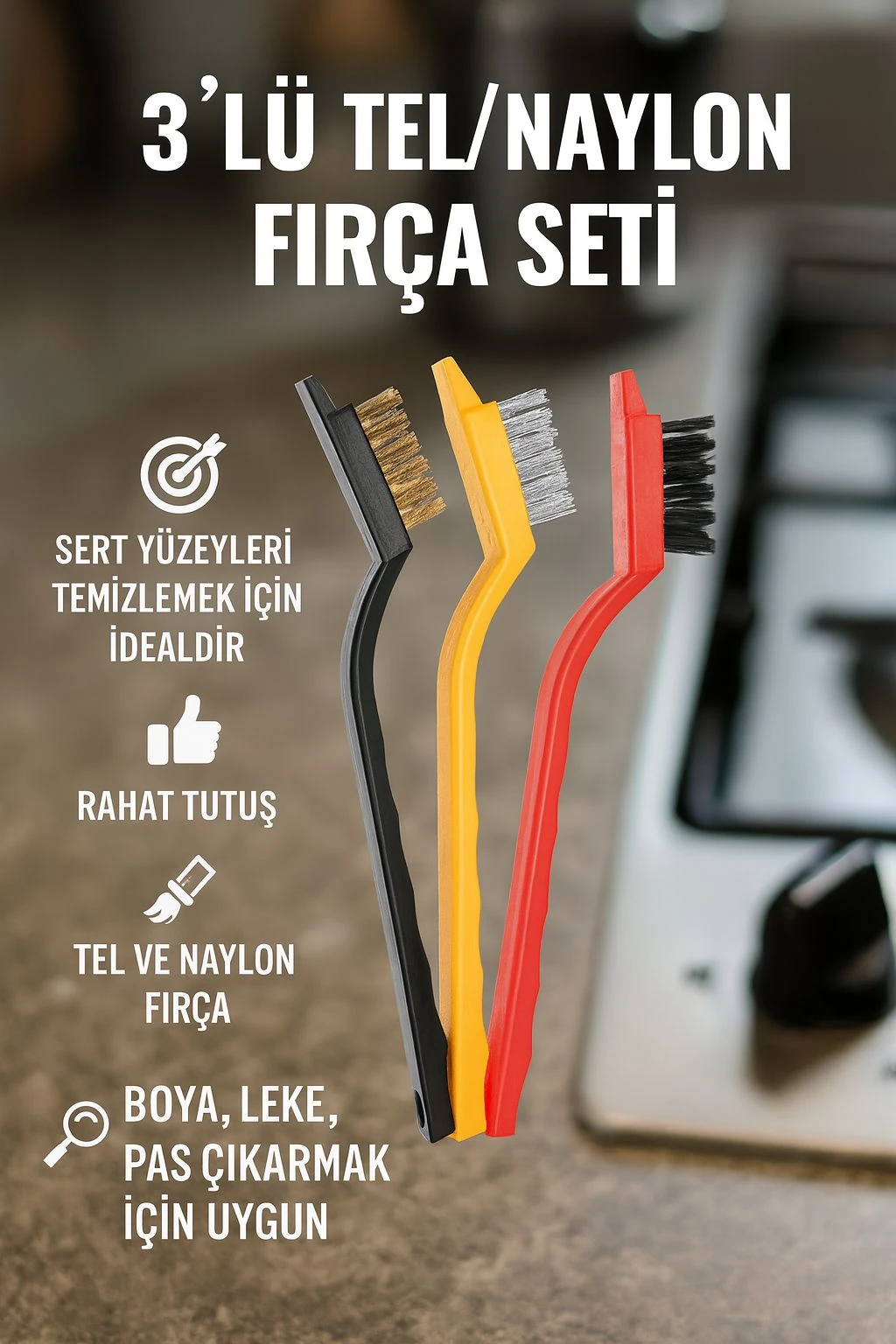 3 Parça Tel Naylon Ocak Tava Fayans Kazıyıcı Leke Yüzey Kazıyıcı Fırça mt229