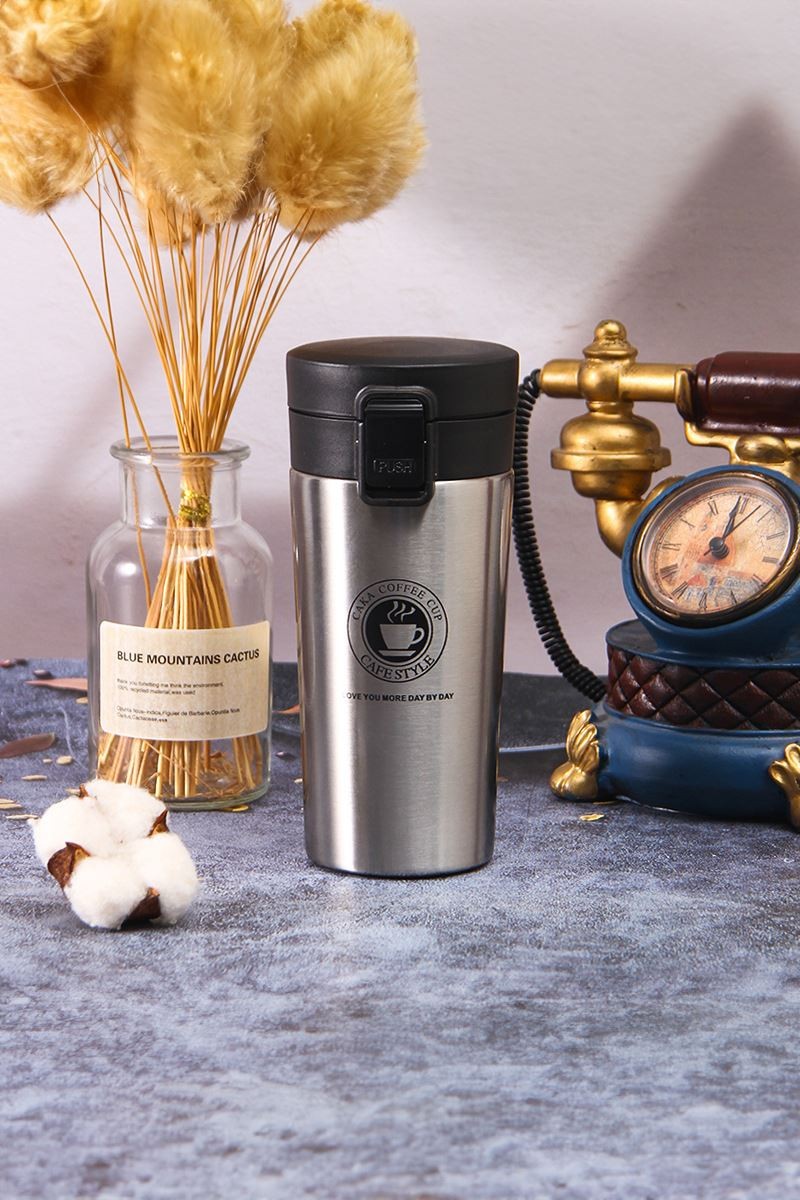 Kilitli 304 L Çelik Gri 500 ml Kahve Termos Mug cin406gr