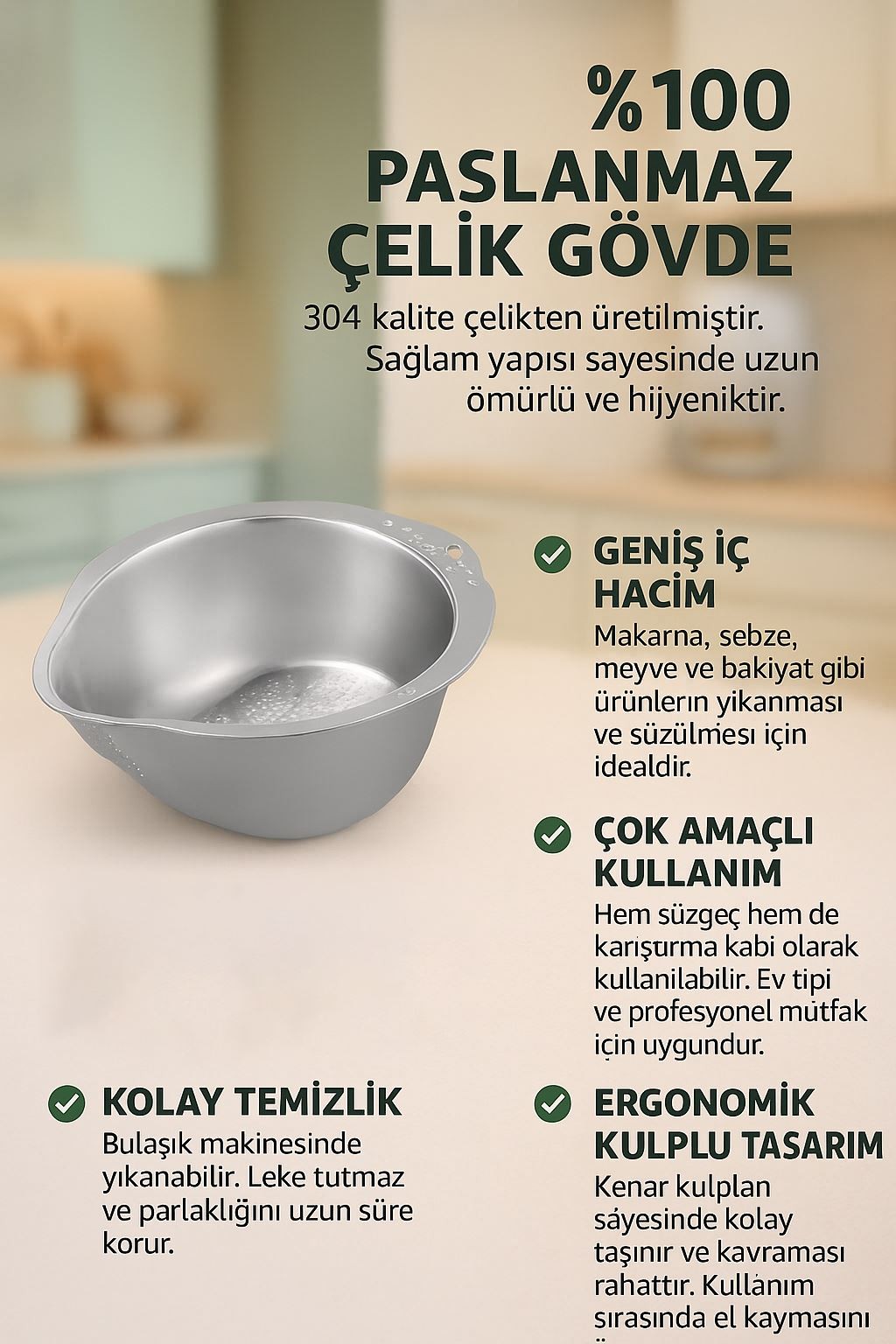 304 Çelik Mutfak Sebze Bakla Pirinç Yıkama Makarna Süzme Süzgeci mt113