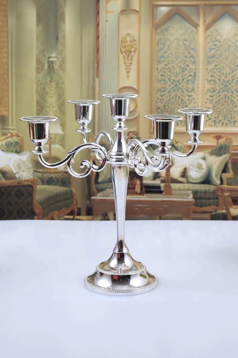 5 Gözlü Şık Restoran Düğün Şamdan Dekoratif metal Silver Mumluk mt156slv