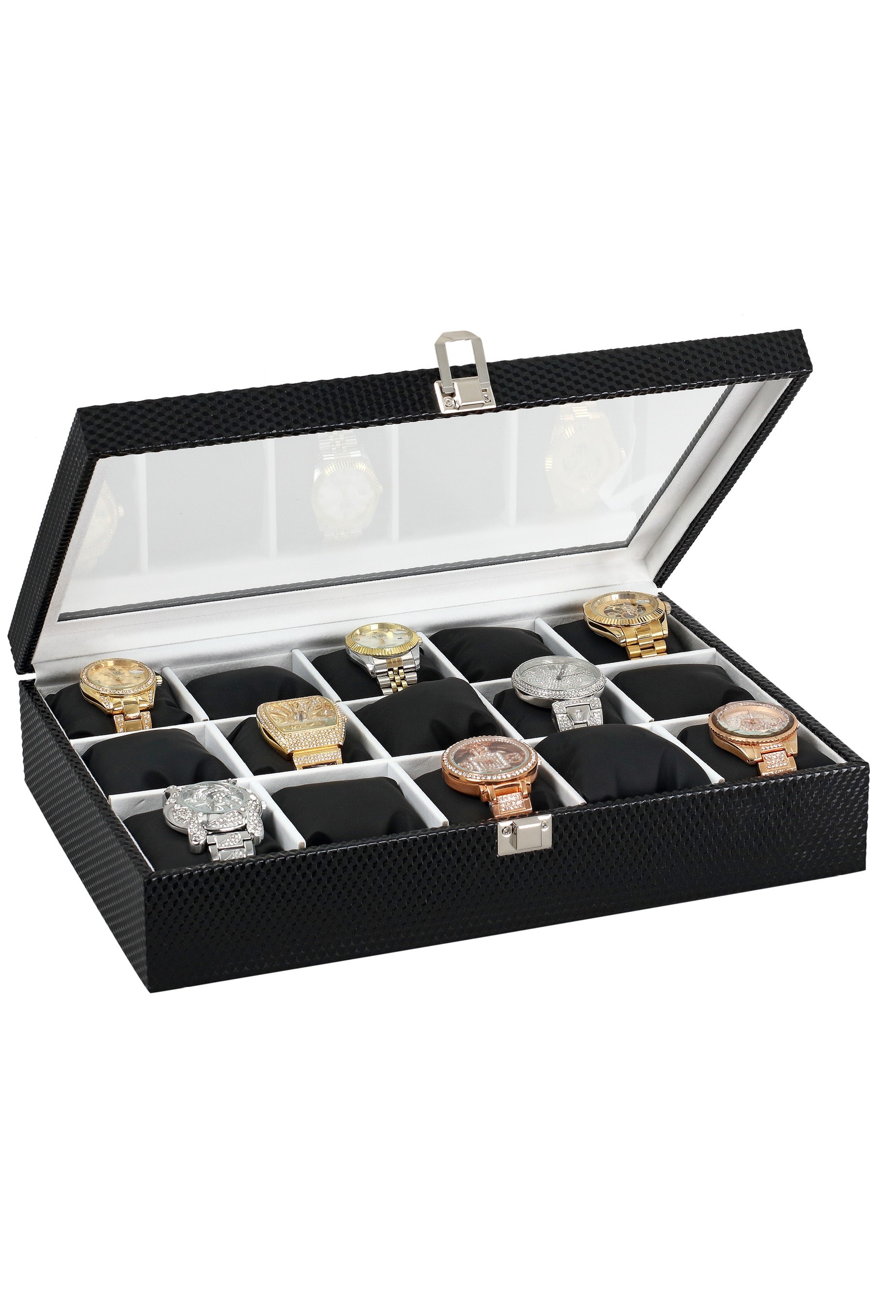 15 li Diamond Siyah Deri Ahşap üzeri Cam Saat Kutusu st15-20