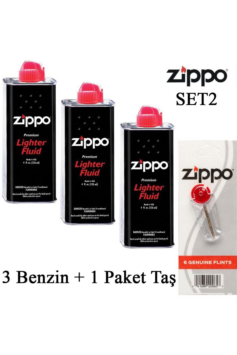 Zippo Çakmak ikmal Seti 3 Bidon Benzin 1 Paket Taş Set2