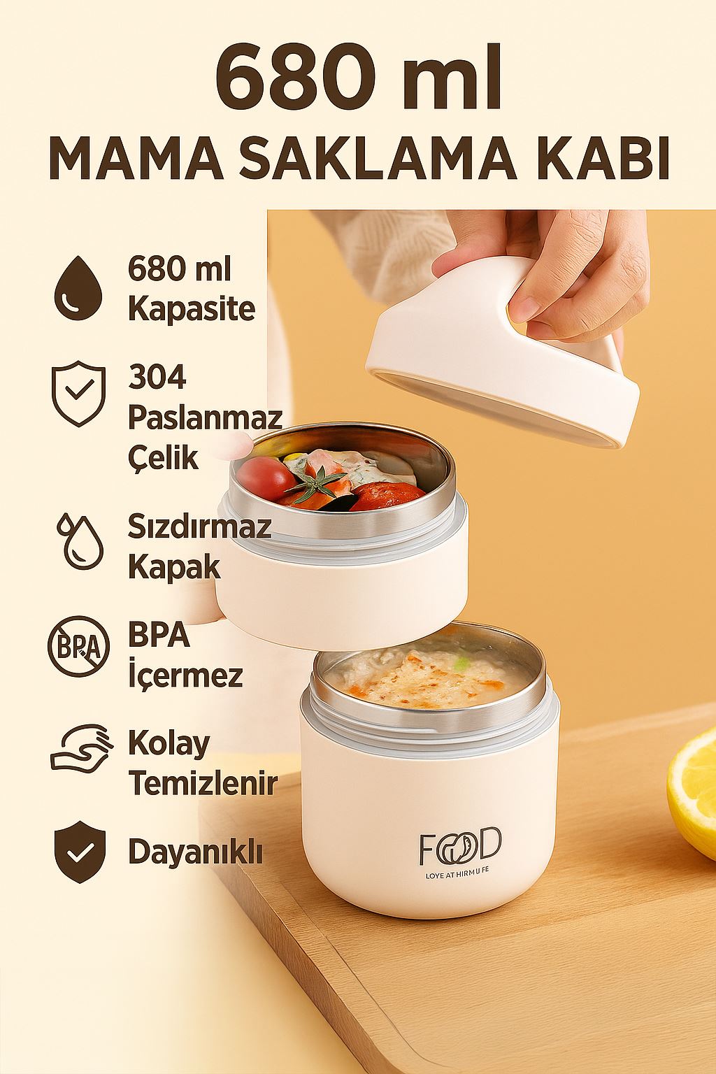 304 Çelik Çift Katlı 680 ml Yemek Mama Saklama Kabı (SICAK TUTMAZ) cin416by