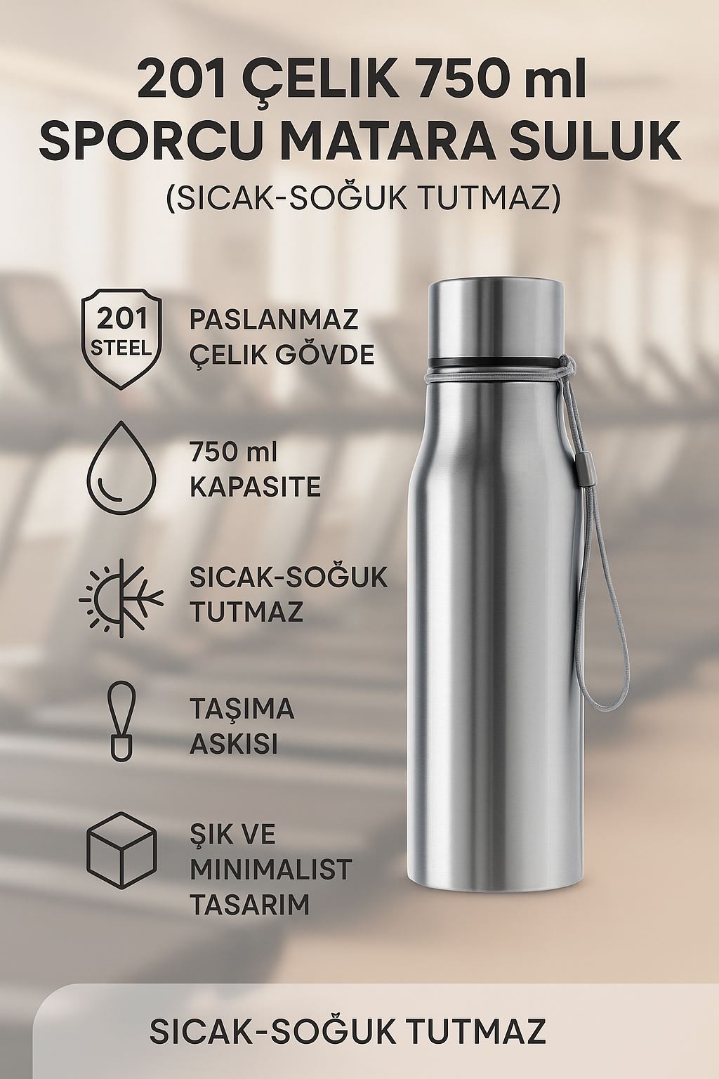 Çelik Siyah Kapak 750 ml Spor Matara Suluk (SICAK-SOĞUK TUTMAZ) cin426