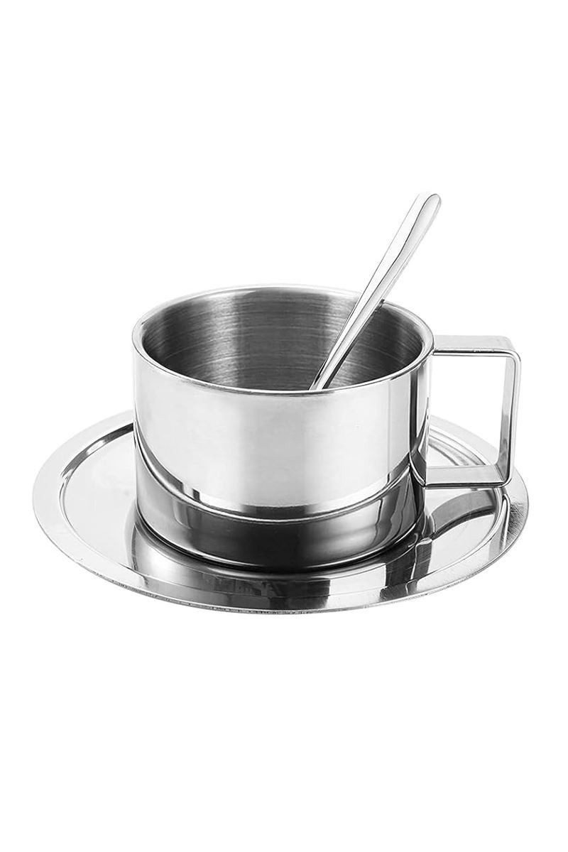 Çelik 3 Parça 200 ml Çift Cidarlı Espresso Kahve Fincan Seti Sunum Bardağı mt119
