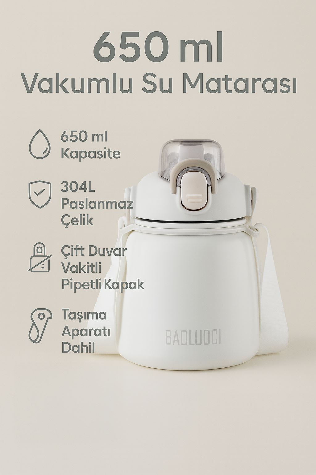 304 L Çelik Beyaz 650 ml Askılı ve Pipetli Matara Suluk cin469by