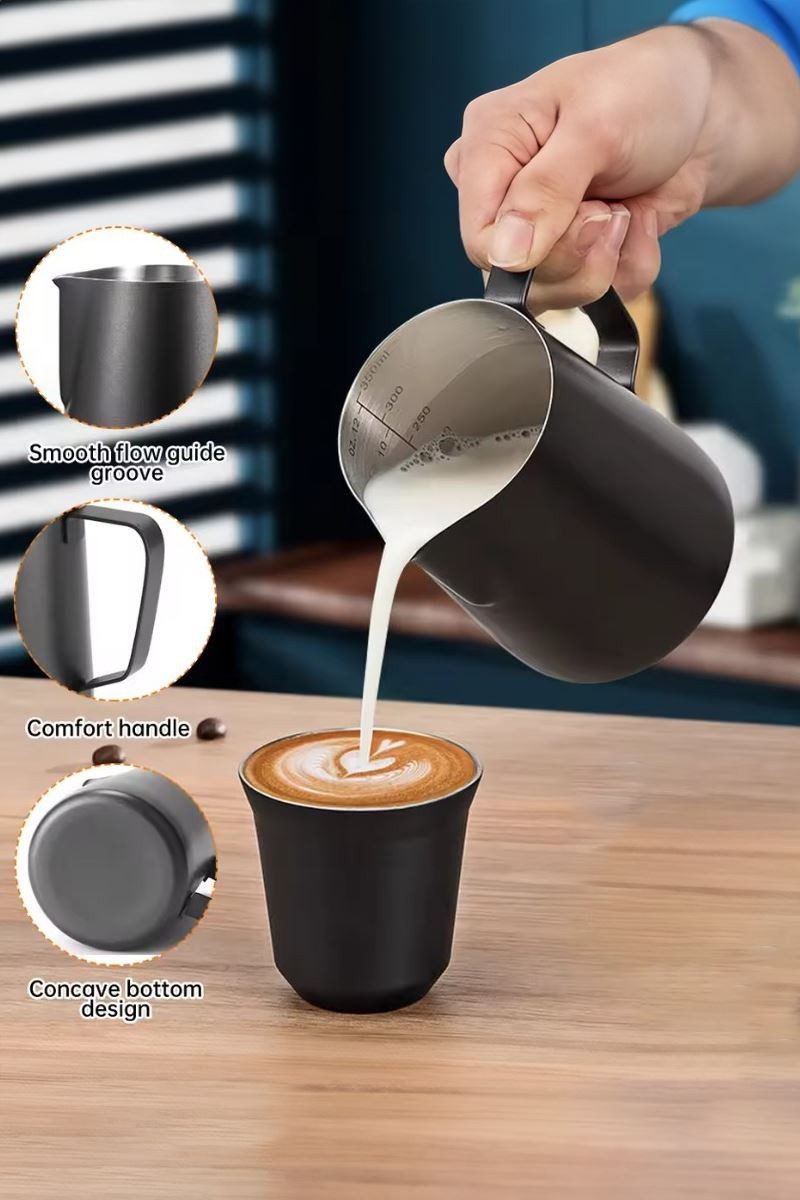 304 Çelik 350 ml Siyah Teflon Kaplama Kahve Süt Köpürtme Potu Sütlük Pitcher 