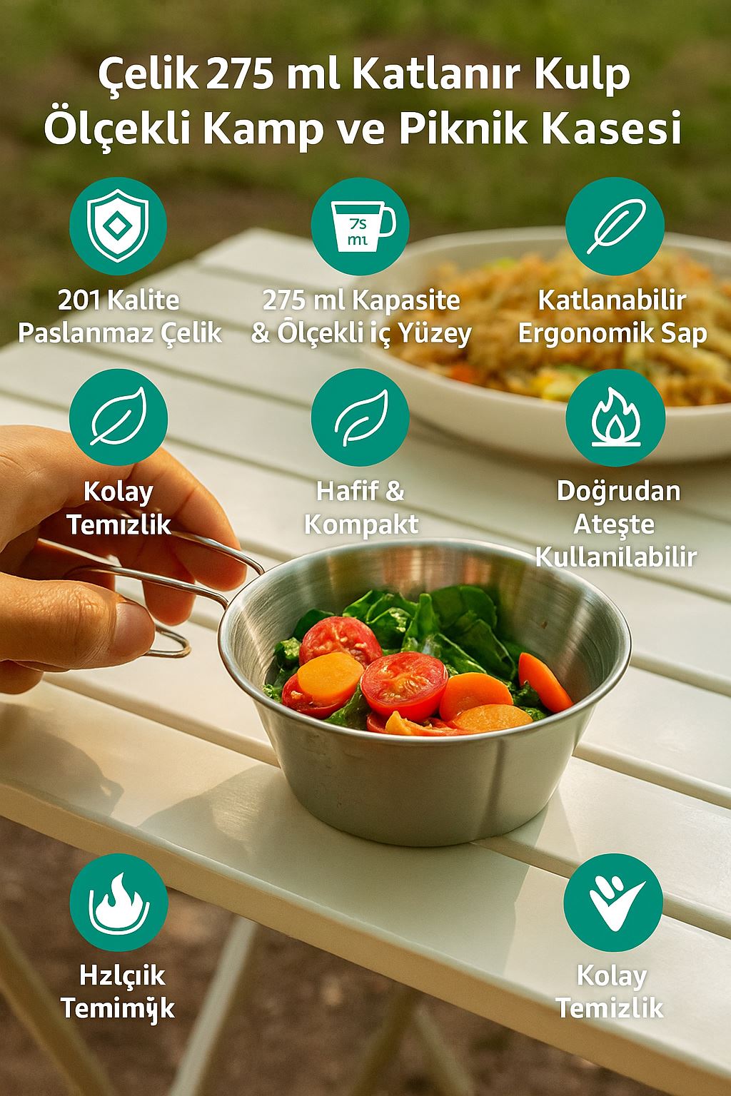 Çelik 275 ml Katlanır Kulp Ölçekli Kamp Ve Piknik Kasesi mt102