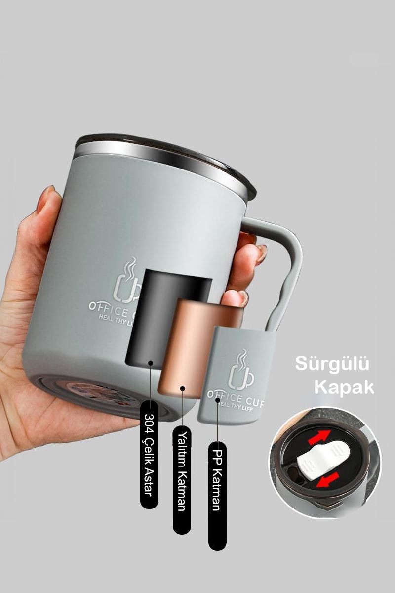 304 L Çelik Gri 500 ml Kahve El Termos Kupa Mug cin557gr