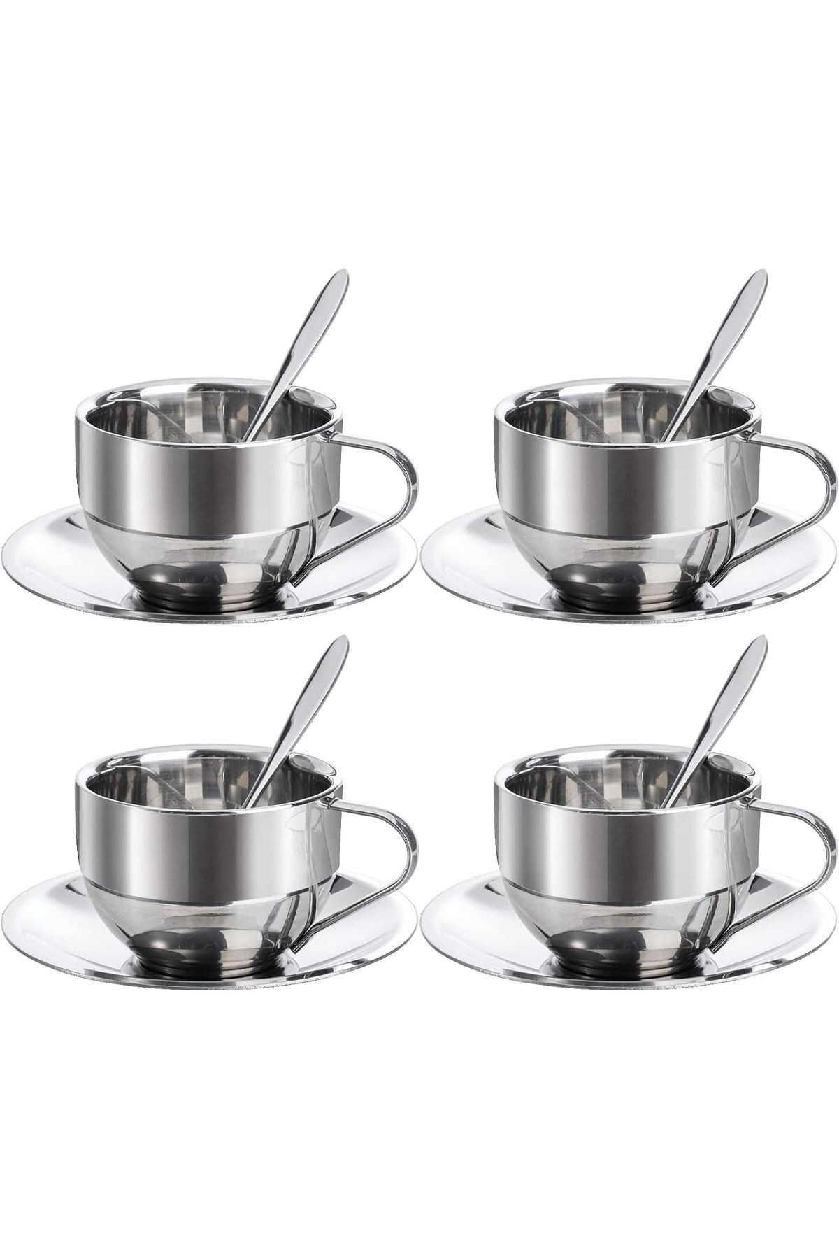 Çelik 4 Adet 3 Parça 180 ml Çift Cidar Espresso Kahve Fincan Set Sunum Bardağı 