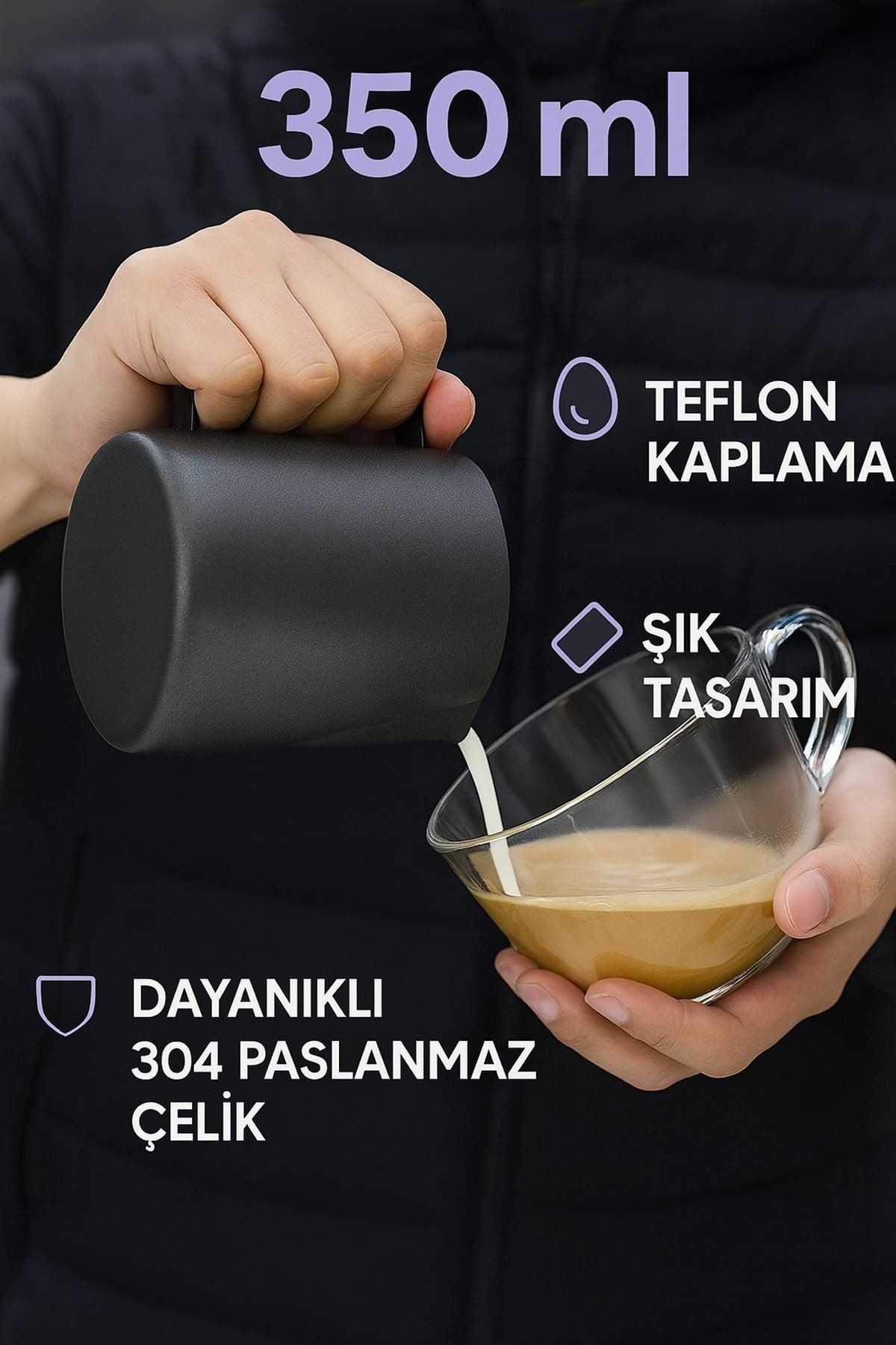 304 Çelik 350 ml Siyah Teflon Kaplama Kahve Süt Köpürtme Potu Sütlük Pitcher 