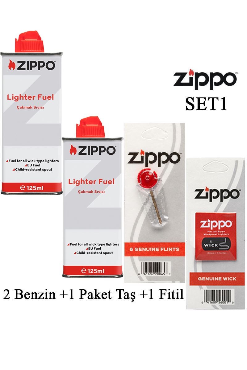 Zippo Çakmak ikmal Seti 2 Bidon Benzin Fitil Taş Set1