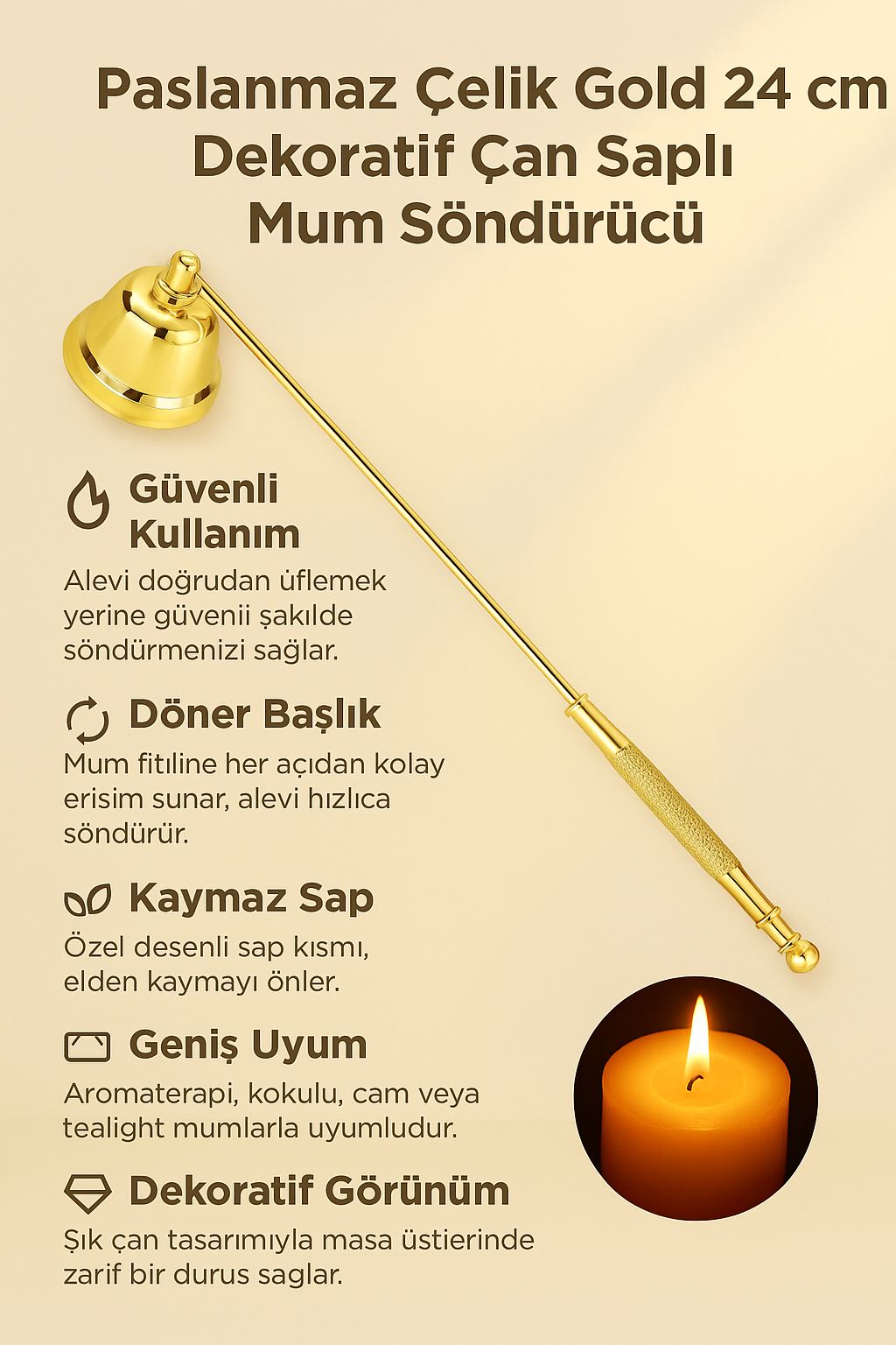 Paslanmaz Çelik Gold 24 cm Dekoratif Çan Dizayn Saplı Mum Söndürücü cin818sr