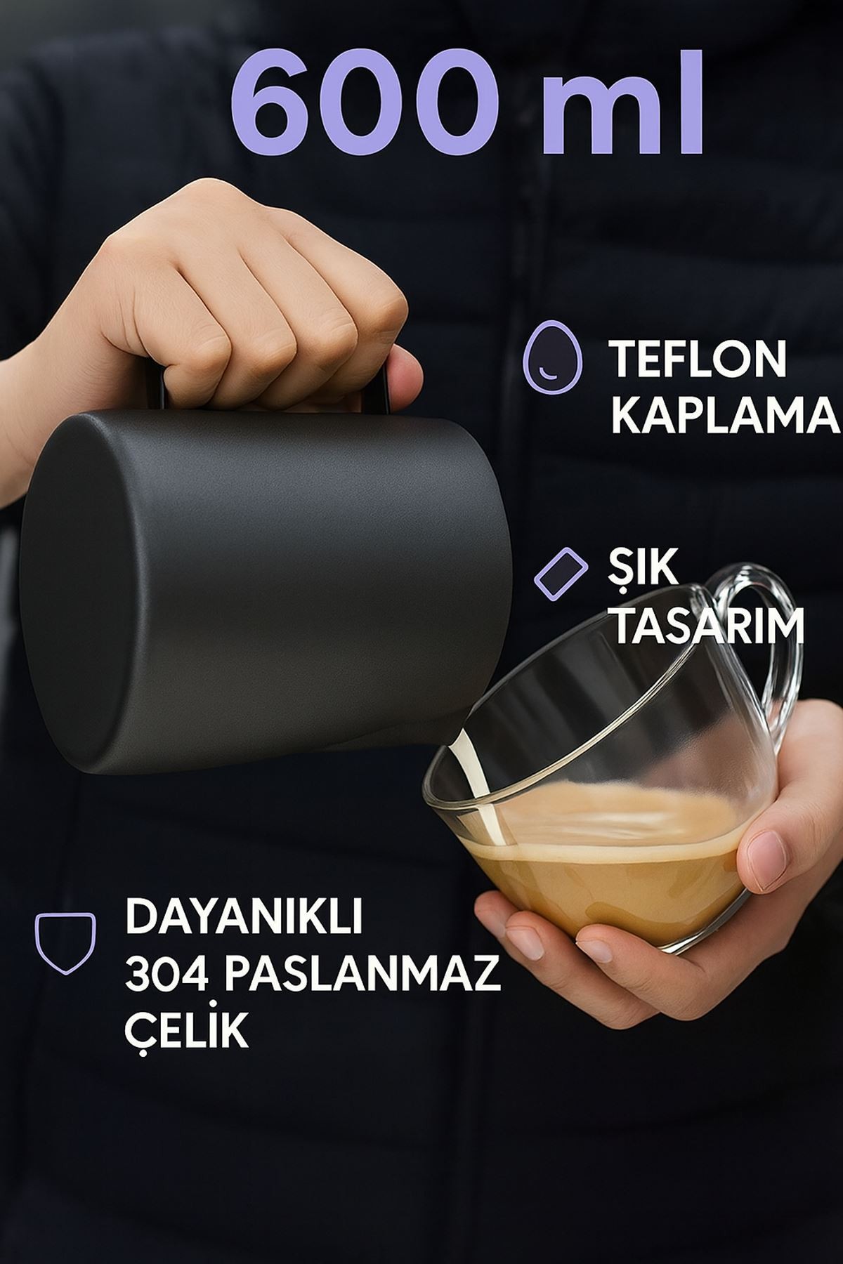 304 Çelik 600 ml Siyah Teflon Kaplama Kahve Süt Köpürtme Potu Sütlük Pitcher 