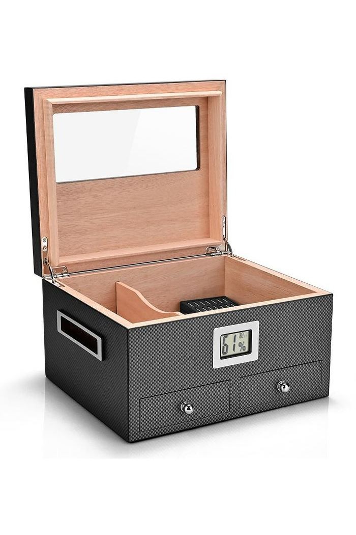 Falconetti Sedir Ağacı Camlı Karbon Fiber Çekmeceli Humidor Puro Kutusu rd13