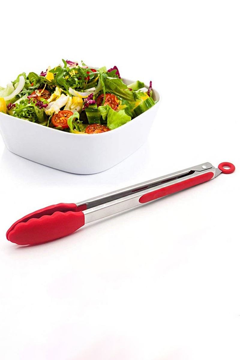 Çelik Silikon Maşa 33 cm Kırmızı Mutfak Biftek Barbekü Salata Ekmek Maşası mt145