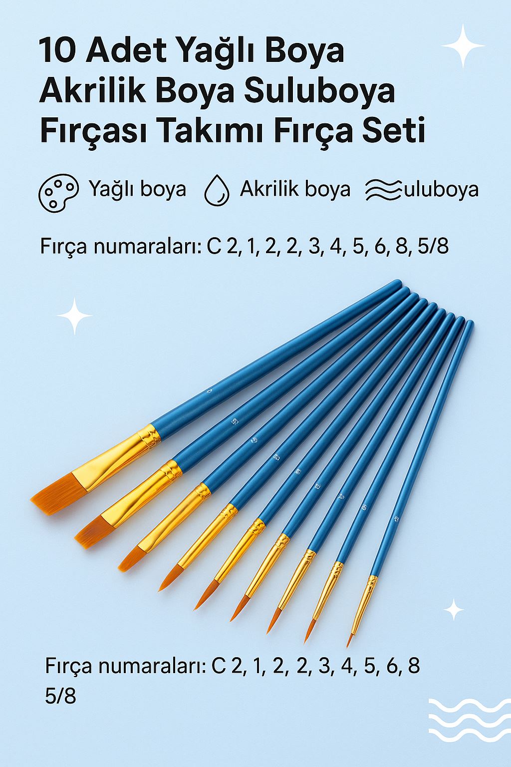 10 Adet Yağlı Boya Akrilik Boya Suluboya Fırçası Takımı Fırça Seti cin680mv