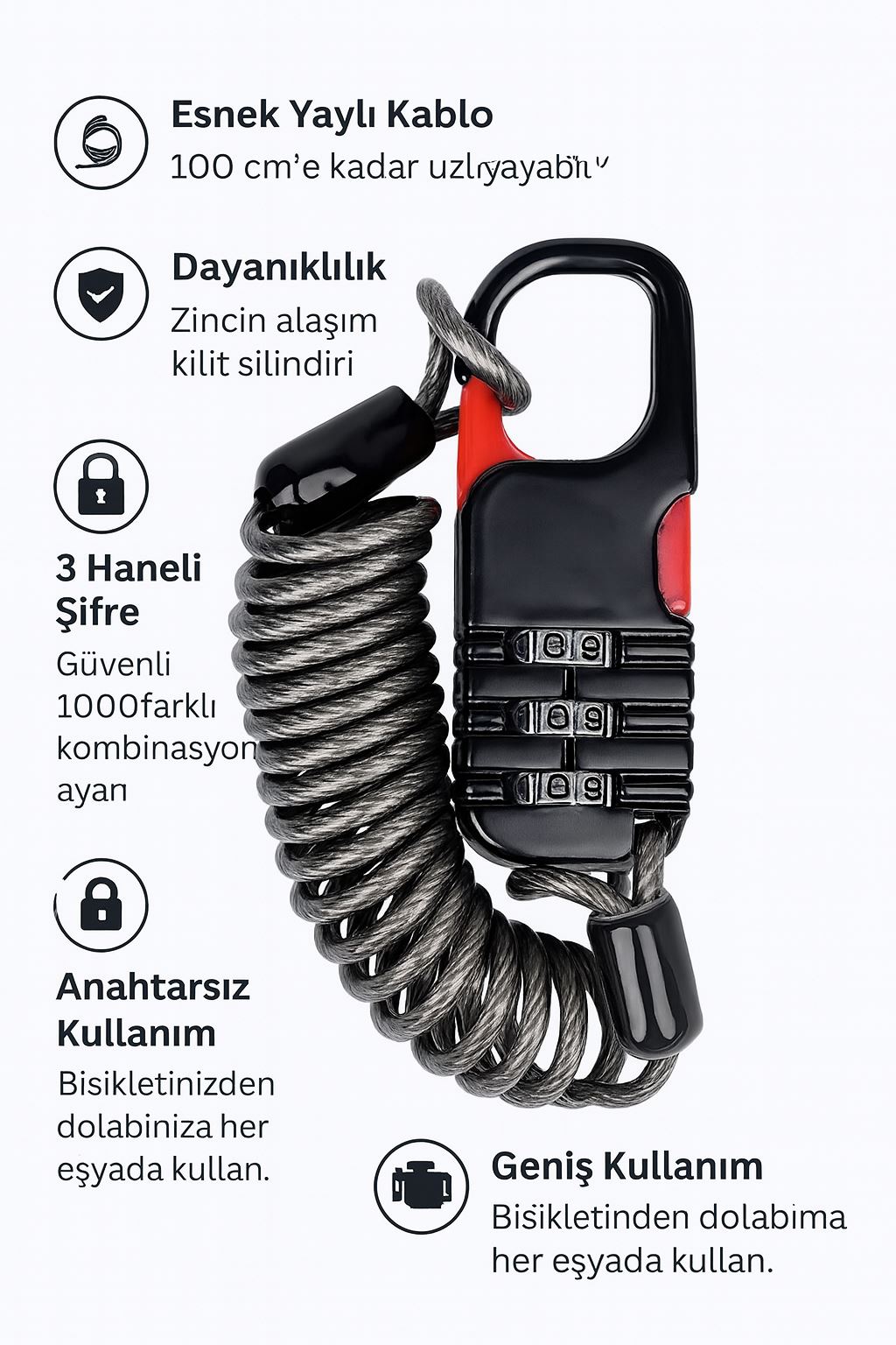 Siyah 3 Haneli Sıfırlanabilir Şifreli Yay Kablo Dolap Bagaj Kilidi cin543sy