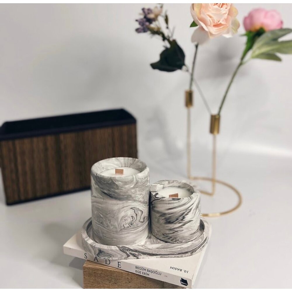 Marble Ahşap Fitilli Soya Mum Seti