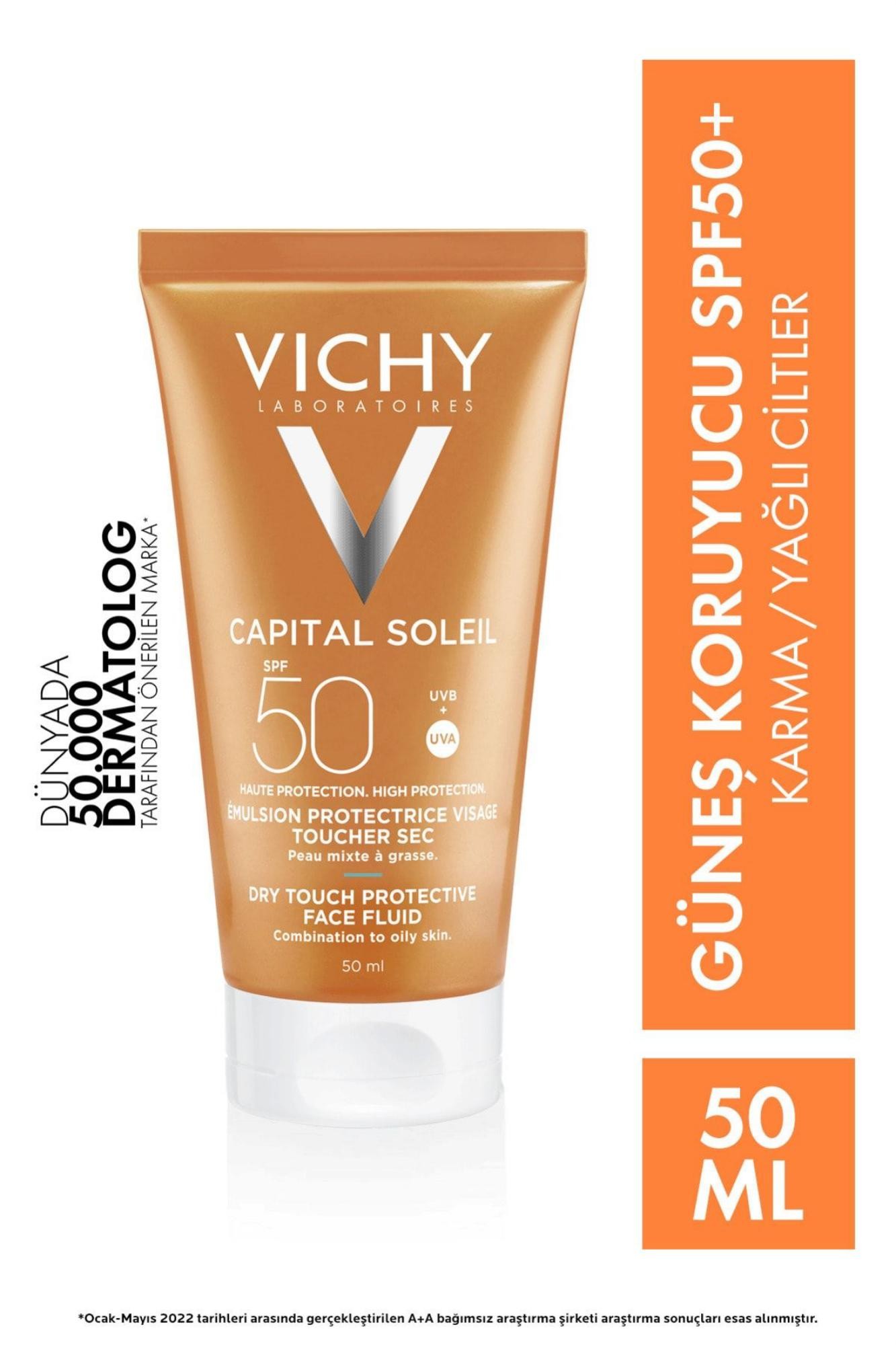 Vichy Capital Soleil Dry Touch Parlama Karşıtı Yüksek Korumalı Yüz Güneş Kremi Spf 50, 50 ml