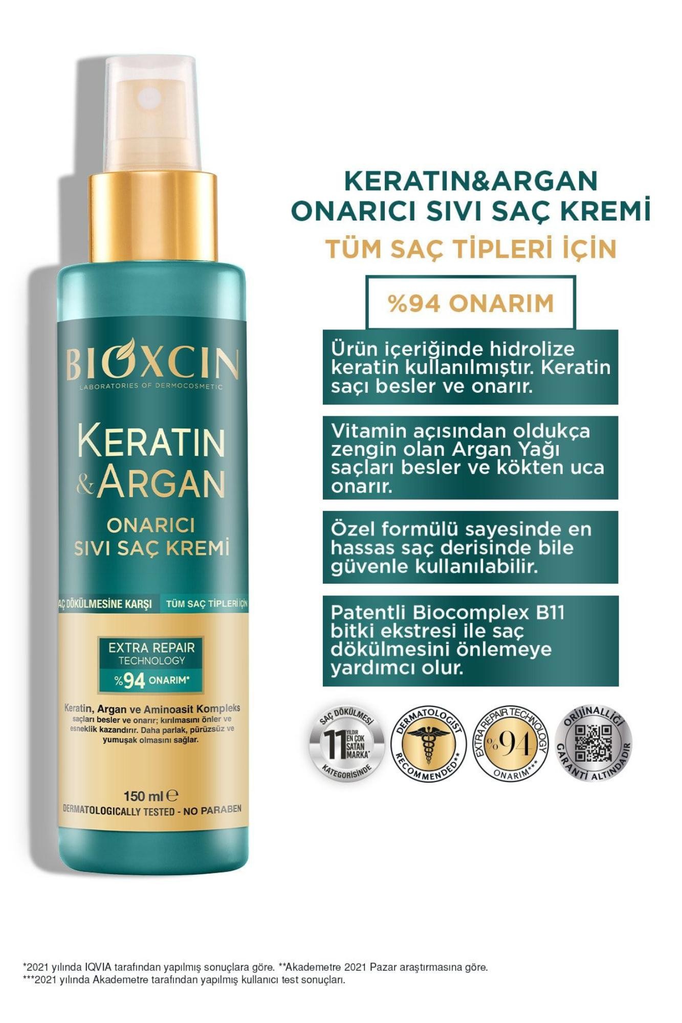 Bioxcin Keratin & Argan Onarıcı Sıvı Saç Bakım Kremi 150 Ml Yıpranmış Ve Hasar Görmüş Saçlar