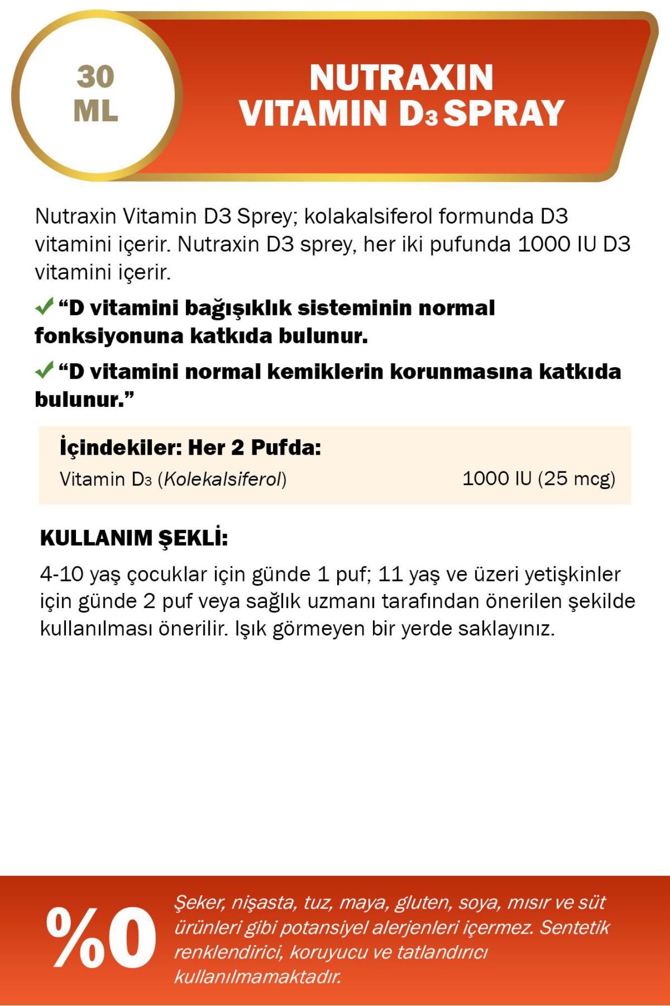 Nutraxin Vitamin D3 1.000 IU Sprey 30 ML - D3 Vitamini Sprey 1000 IU