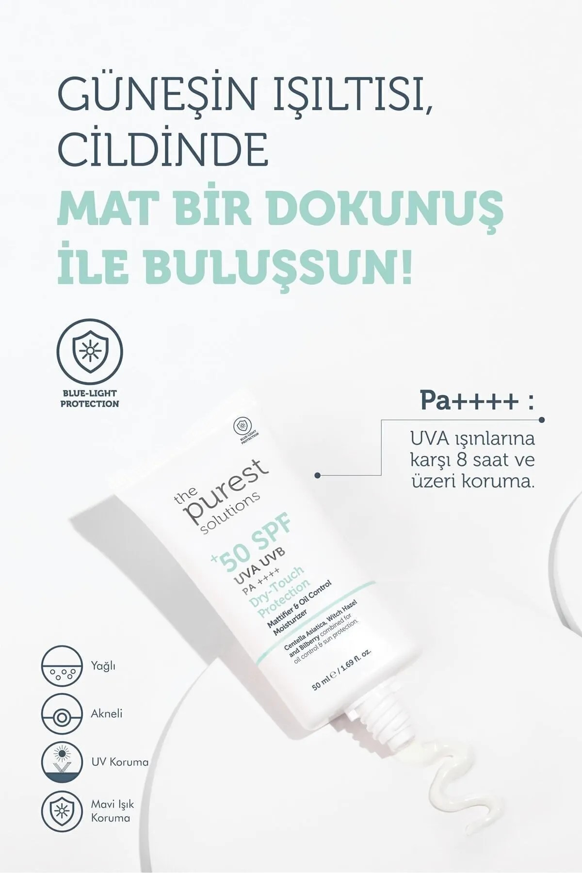 The Purest Solutions Yağlı Ve Karma Ciltler İçin Matlaştırıcı Dry-Touch Güneş Koruyucu Krem SPF 50, 50 Ml.
