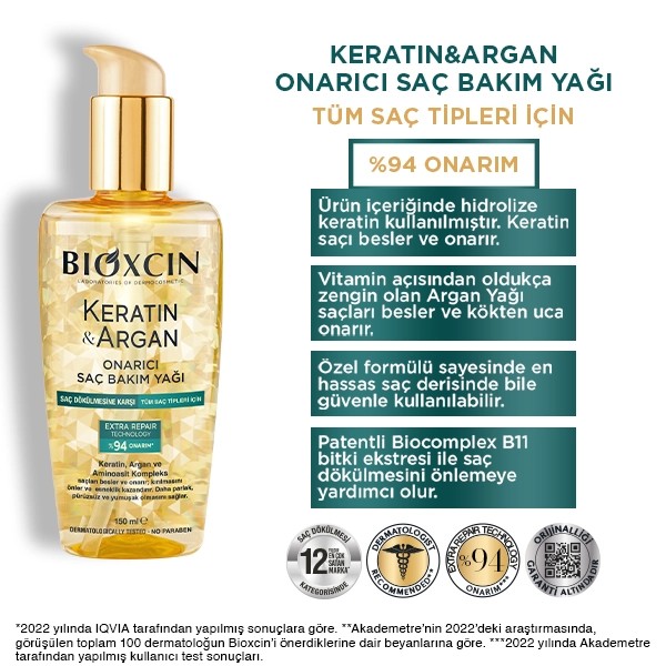 Bioxcin Keratin & Argan Onarıcı Saç Bakım Yağı 150 Ml - Yıpranmış Ve Hasar Görmüş Saçlar